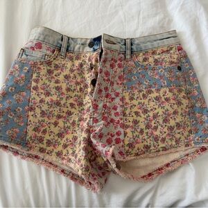 Anthropologie Floral Patchwork Denim Shorts in Yellow, Blue, Pink